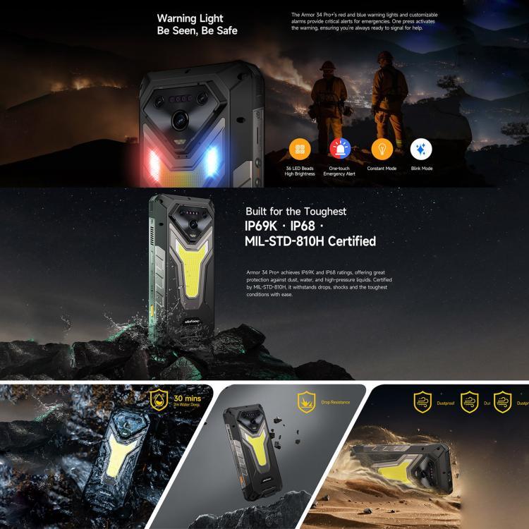 Ulefone Armor 34 Pro+ Projecteur, 16 Go+512 Go, Vision Nocturne, Téléphone Robuste IP68/IP69K, Android 15 de 6,95 pouces MediaTek Dimensity 7400X Octa Core, Réseau : 5G, NFC, OTG, Armor 34 Pro+