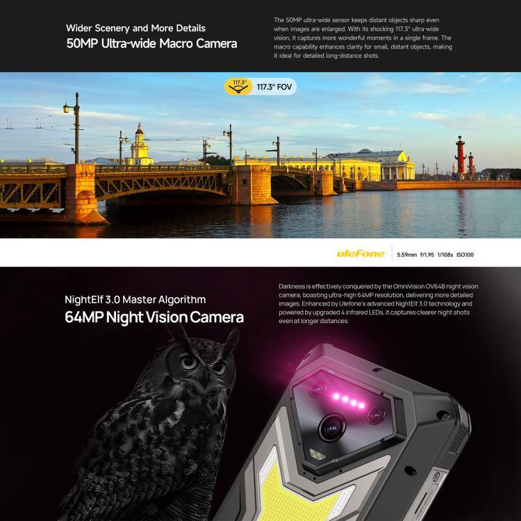 Ulefone Armor 34 Pro+ Projecteur, 16 Go+512 Go, Vision Nocturne, Téléphone Robuste IP68/IP69K, Android 15 de 6,95 pouces MediaTek Dimensity 7400X Octa Core, Réseau : 5G, NFC, OTG, Armor 34 Pro+