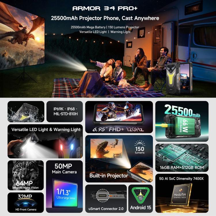 Ulefone Armor 34 Pro+ Projecteur, 16 Go+512 Go, Vision Nocturne, Téléphone Robuste IP68/IP69K, Android 15 de 6,95 pouces MediaTek Dimensity 7400X Octa Core, Réseau : 5G, NFC, OTG, Armor 34 Pro+