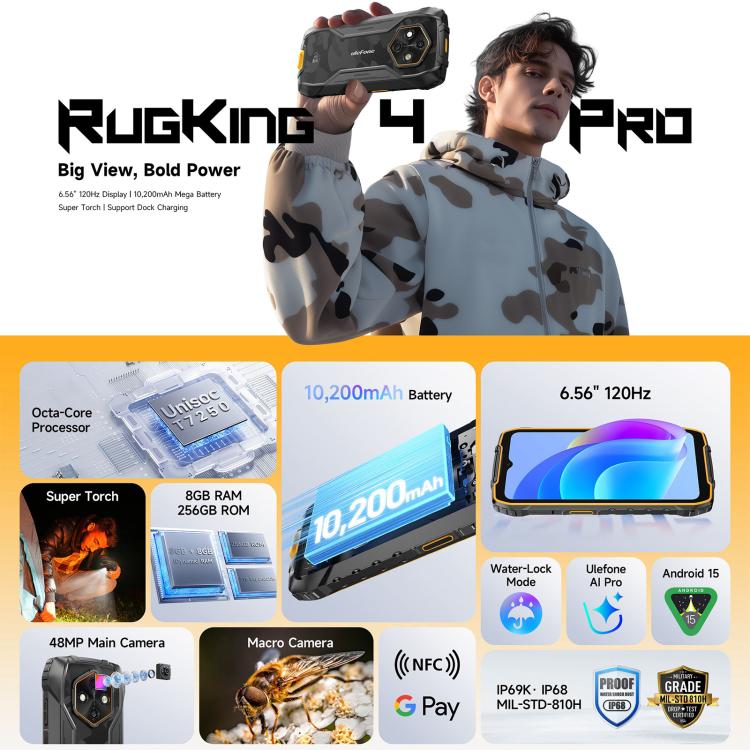 Ulefone RugKing 4 Pro, 8 Go+256 Go, Téléphone Robuste IP68/IP69K, Écran 6,56 pouces Android 15 Unisoc T7250 Octa Core, Réseau : 4G, NFC, OTG, RugKing 4 Pro, RugKing 4 Pro, 8 Go+256 Go