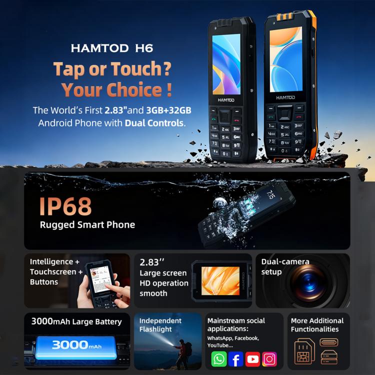 Téléphone robuste HAMTOD H6, 3 Go + 32 Go, Android 11 UNISOC SC9832E Quad-core de 2,83 pouces, Réseau : 4G, VoLTE, SOS