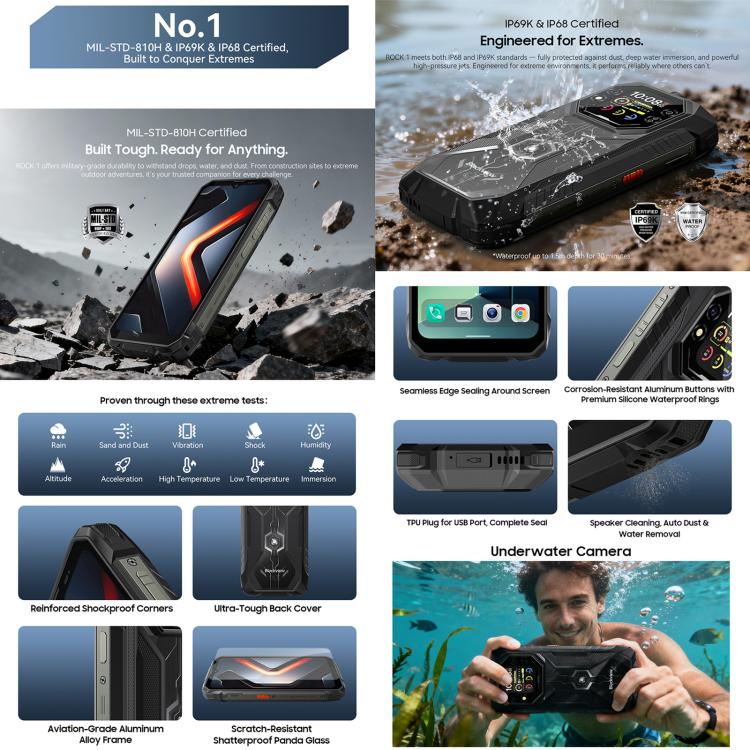 Téléphone robuste Blackview ROCK 1, 8 Go+256 Go, Android 16 de 6,56 pouces, MT6769V/CB Helio G81 Octa Core, Réseau : 4G, OTG, NFC, ROCK 1 8 Go+256 Go