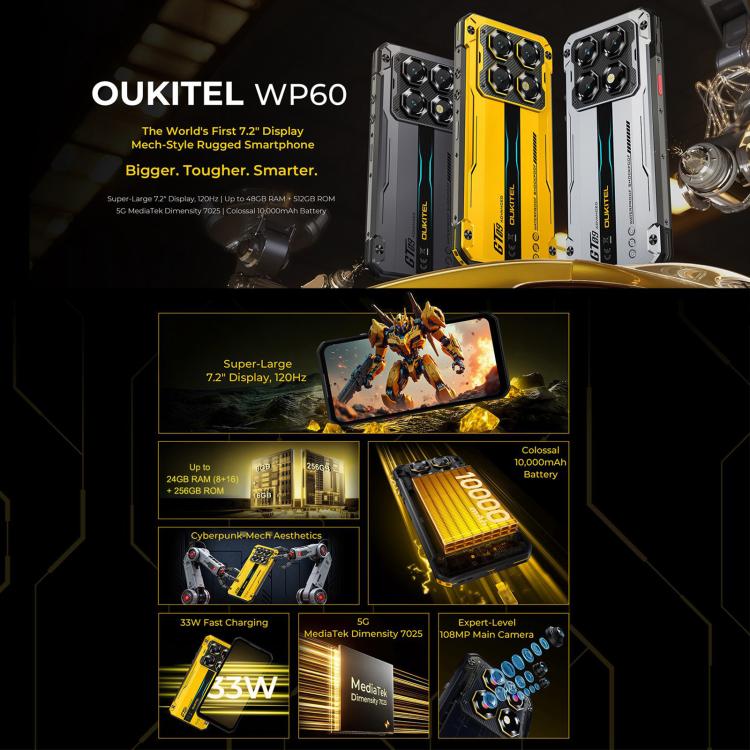 Smartphone robuste Oukitel WP60, 8 Go+256 Go, vision nocturne, appareil photo 108 MP, empreinte digitale latérale, Android 15 de 7,2 pouces, processeur Octa Core MediaTek Dimensity 7025, NFC, OTG, Réseau : 5G, 8 Go+256 Go