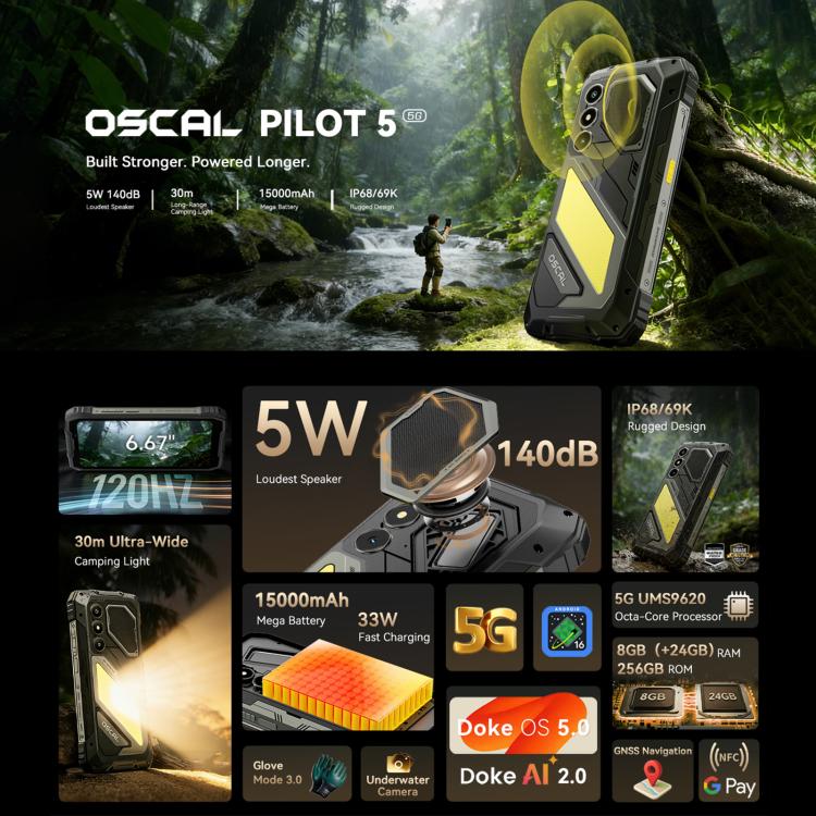 Téléphone robuste Blackview Oscal Pilot 5 5G, 8 Go + 256 Go, Android 16 UMS9620 T8100 Octa Core 6,67 pouces, Réseau : 5G, OTG, NFC