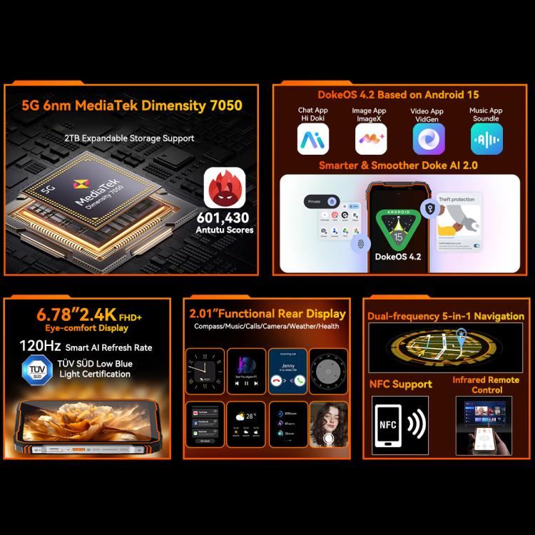 Blackview Oscal TANK 1, 12 Go+256 Go, Android 15 DokeOS 4.2 de 6,78 pouces, Mediatek Dimensity 7050 Octa Core, Réseau : 5G, OTG, NFC, 12 Go+256 Go