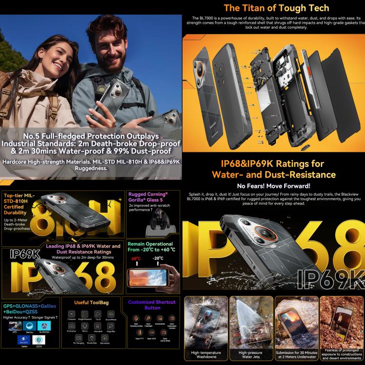 Blackview BL7000 Téléphone robuste, 8 Go+512 Go, Android 15 de 6,78 pouces MediaTek Dimensity 6300 Octa Core, Réseau : 5G, NFC, OTG, 8 Go+512 Go