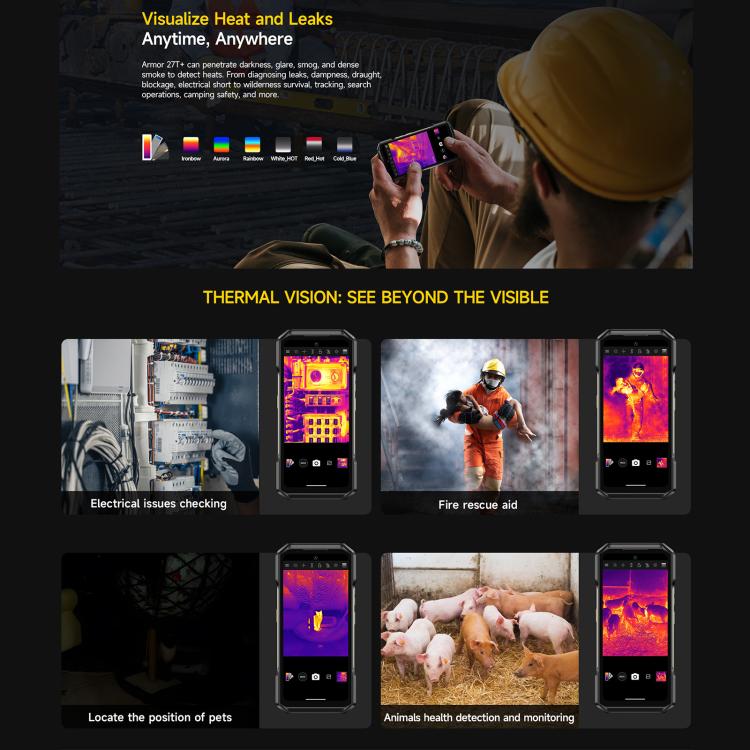 Téléphone robuste Ulefone Armor 27T+, 12 Go+256 Go, imageur thermique, vision nocturne, 10600 mAh, Android 14 MediaTek Helio G99 Octa Core 6,78 pouces, réseau : 4G, NFC, OTG, Armor 27T+