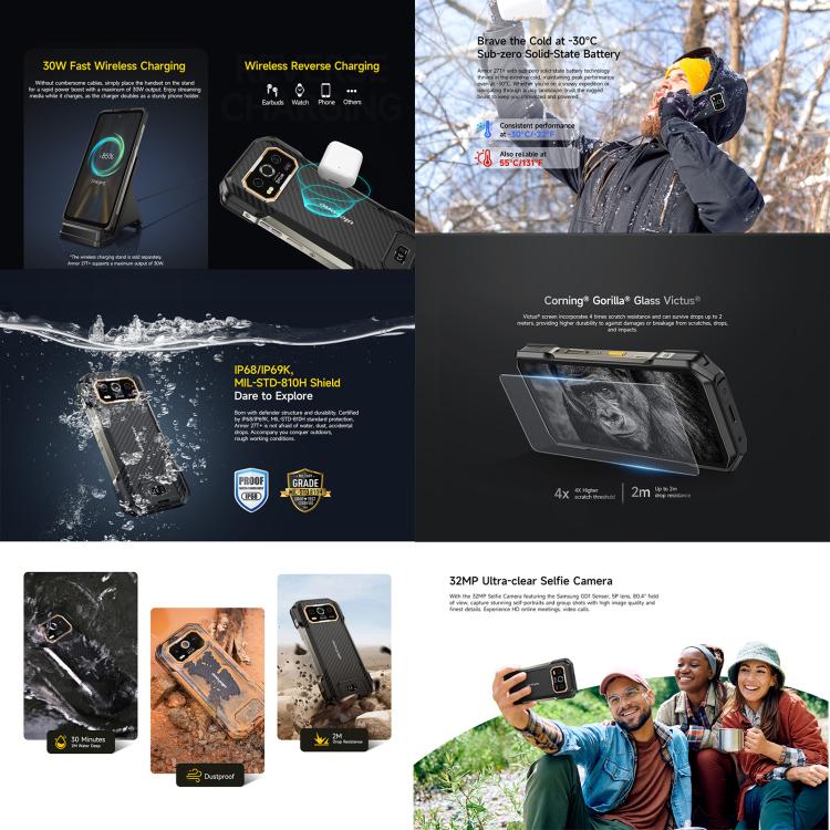Téléphone robuste Ulefone Armor 27T+, 12 Go+256 Go, imageur thermique, vision nocturne, 10600 mAh, Android 14 MediaTek Helio G99 Octa Core 6,78 pouces, réseau : 4G, NFC, OTG, Armor 27T+