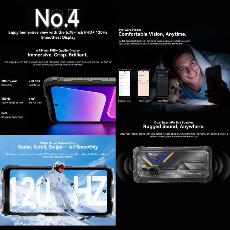 Téléphone robuste Blackview ROCK 3, imageur thermique, 8 Go + 256 Go, écran Android 16 de 6,78 pouces MT8781 Helio G100 Octa Core, Réseau : 4G, OTG, NFC