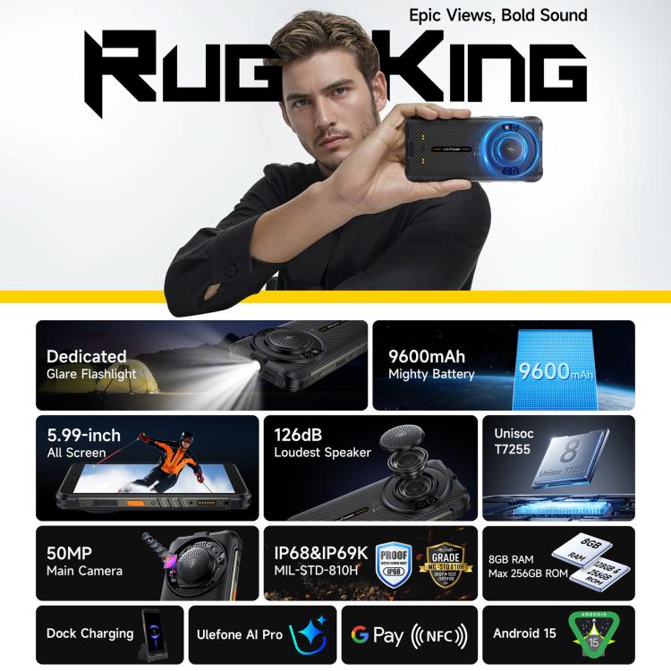 Ulefone RugKing, 8 Go + 128 Go, Téléphone Robuste IP68/IP69K, Android 15 Unisoc T7255 Octa Core de 5,99 pouces, Réseau: 4G, NFC, OTG, RugKing, 8 Go + 128 Go
