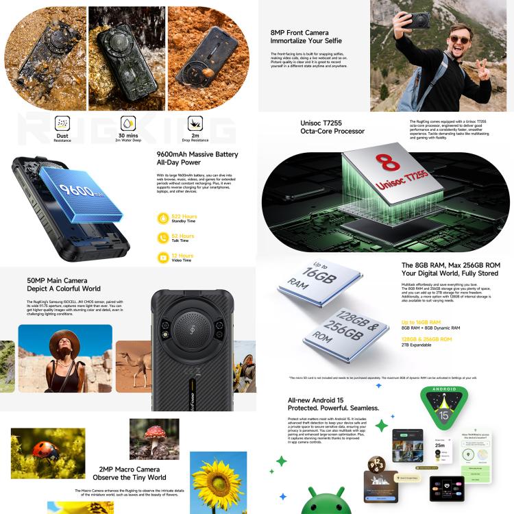 Ulefone RugKing, 8 Go + 128 Go, Téléphone Robuste IP68/IP69K, Android 15 Unisoc T7255 Octa Core de 5,99 pouces, Réseau: 4G, NFC, OTG, RugKing, 8 Go + 128 Go