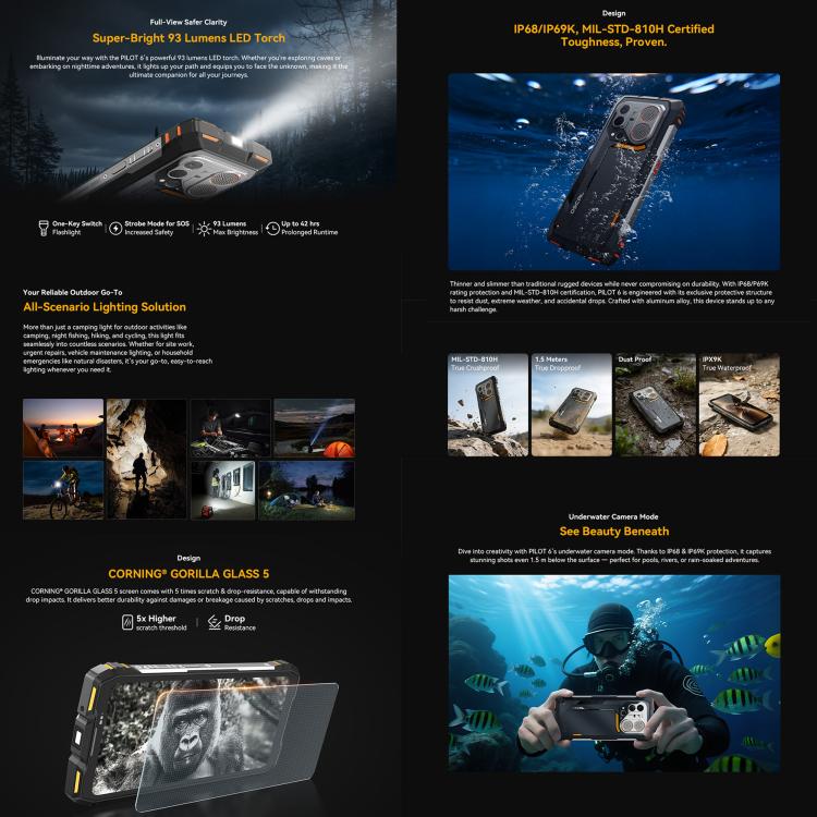 Blackview Oscal Pilot 6 Téléphone Durci Thermique, 12 Go+256 Go, Caméra de Vision Nocturne, Android 16 de 6,78 pouces MediaTek MT8781 Helio G100 Octa Core, Réseau : 5G, OTG, NFC