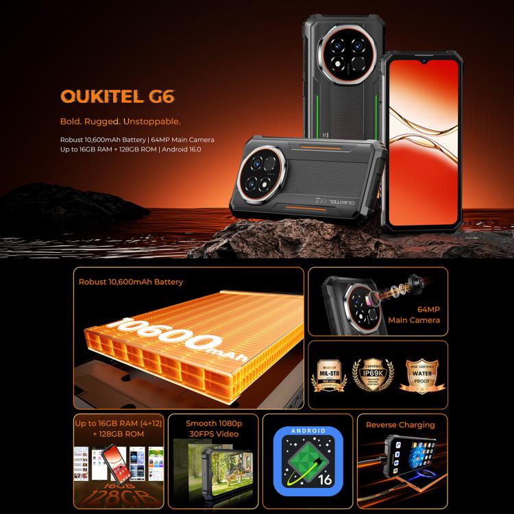 Téléphone robuste Oukitel G6, 4 Go+128 Go, identification par empreinte digitale, batterie 10600 mAh, Android 16.0 Unisoc T615 Octa Core de 6,52 pouces, NFC, OTG, Réseau : 4G, 4 Go+128 Go
