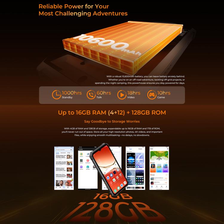 Téléphone robuste Oukitel G6, 4 Go+128 Go, identification par empreinte digitale, batterie 10600 mAh, Android 16.0 Unisoc T615 Octa Core de 6,52 pouces, NFC, OTG, Réseau : 4G, 4 Go+128 Go