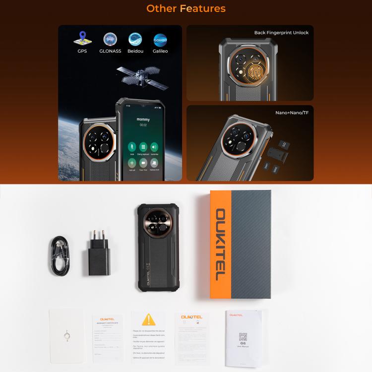 Téléphone Robuste Oukitel G6, 8 Go+256 Go, Identification par Empreinte Digitale, Batterie 10600 mAh, Android 16.0 Unisoc T615 Octa Core de 6,52 pouces, NFC, OTG, Réseau : 4G, 6 Go+256 Go
