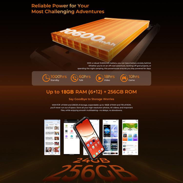 Téléphone Robuste Oukitel G6, 8 Go+256 Go, Identification par Empreinte Digitale, Batterie 10600 mAh, Android 16.0 Unisoc T615 Octa Core de 6,52 pouces, NFC, OTG, Réseau : 4G, 6 Go+256 Go
