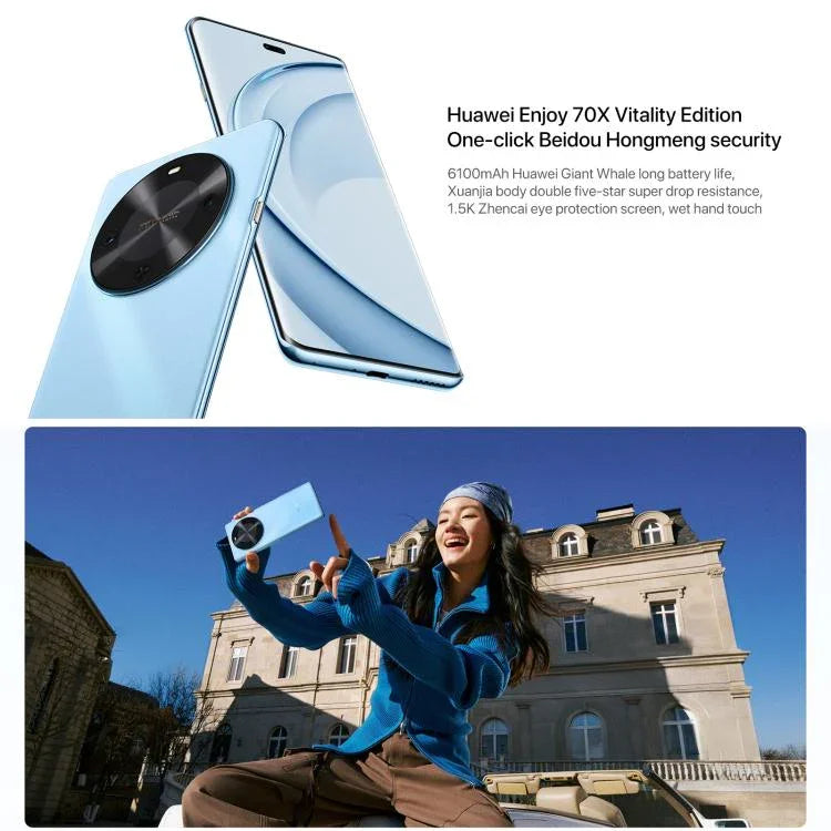 HUAWEI Enjoy 70X Vitality Edition, lecteur d'empreintes digitales sous l'écran, écran 6,78 pouces, HarmonyOS 4.2, processeur octocœur, OTG, non compatible avec Google Play, 8 Go + 128 Go de RAM