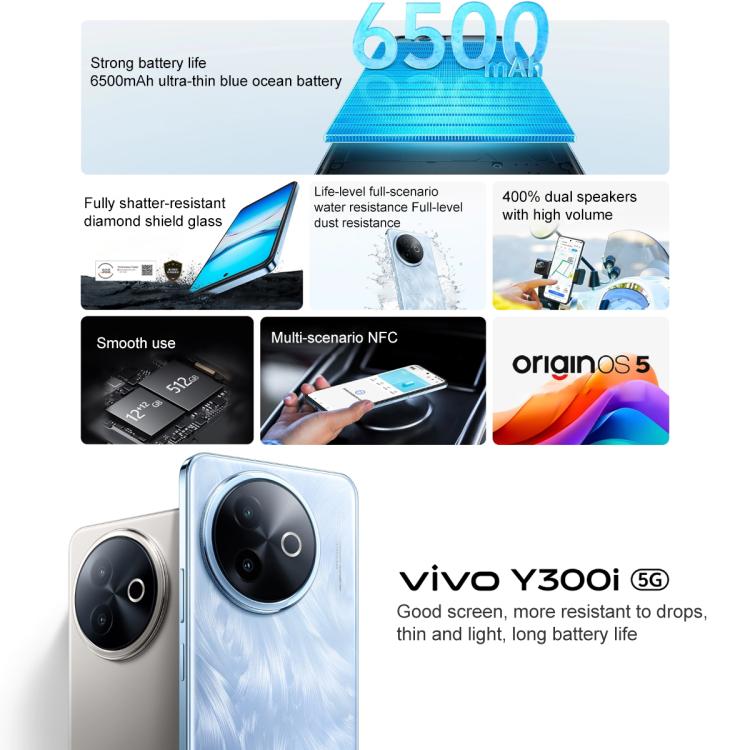 vivo Y300i, 12 Go + 512 Go, reconnaissance faciale/empreinte digitale latérale, écran 6,68 pouces, Android 15 OriginOS 5, processeur Snapdragon 4 Gen 2 octa-core, OTG, NFC, réseau 5G, 12 Go + 512 Go