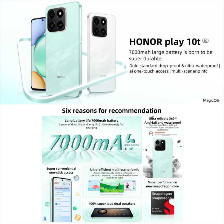 Honor Play10T, 8 Go + 128 Go, Empreinte Digitale Latérale, Android 15 Magic OS 9.0 Snapdragon 6s Gen 3 Octa Core de 6,8 pouces, Réseau : 5G, 8 Go + 128 Go