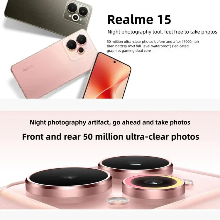 Realme 15, 8 Go + 256 Go, 6,77 pouces Realme UI 6.0 Android 15 MediaTek Dimensity 7300+ Octa Core, NFC, Réseau : 5G, 8 Go + 256 Go