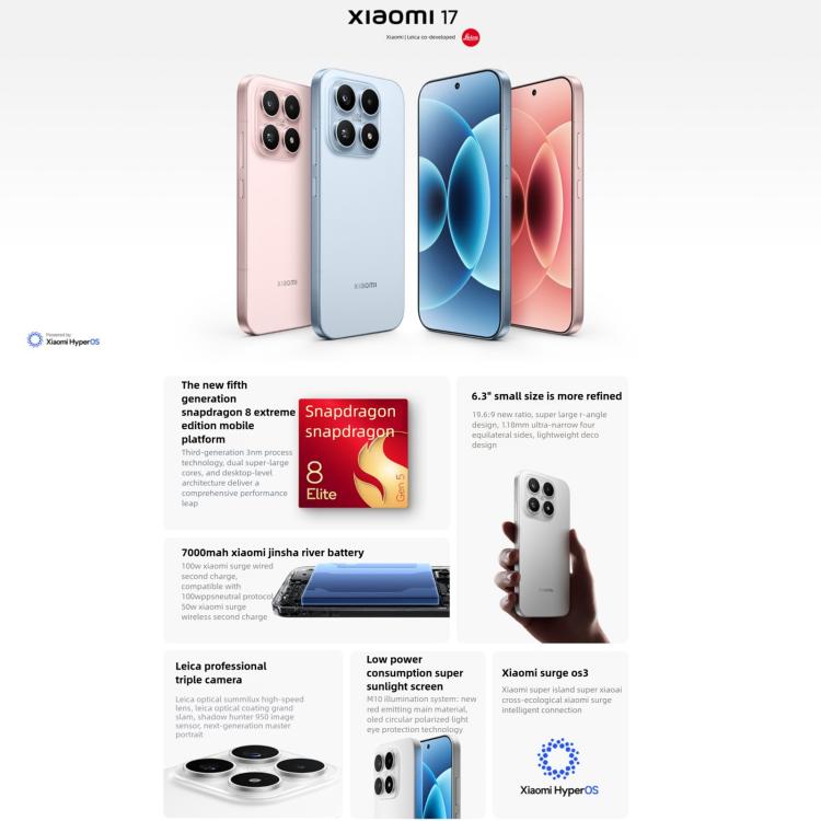 Xiaomi 17, 12 Go + 512 Go, empreinte digitale ultrasonique 3D, 6,3 pouces Xiaomi HyperOS 3 Snapdragon 8 Elite Gen 5 Octa Core, NFC, Réseau : 5G, 12 Go + 512 Go