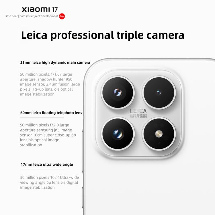 Xiaomi 17, 12 Go + 512 Go, empreinte digitale ultrasonique 3D, 6,3 pouces Xiaomi HyperOS 3 Snapdragon 8 Elite Gen 5 Octa Core, NFC, Réseau : 5G, 12 Go + 512 Go