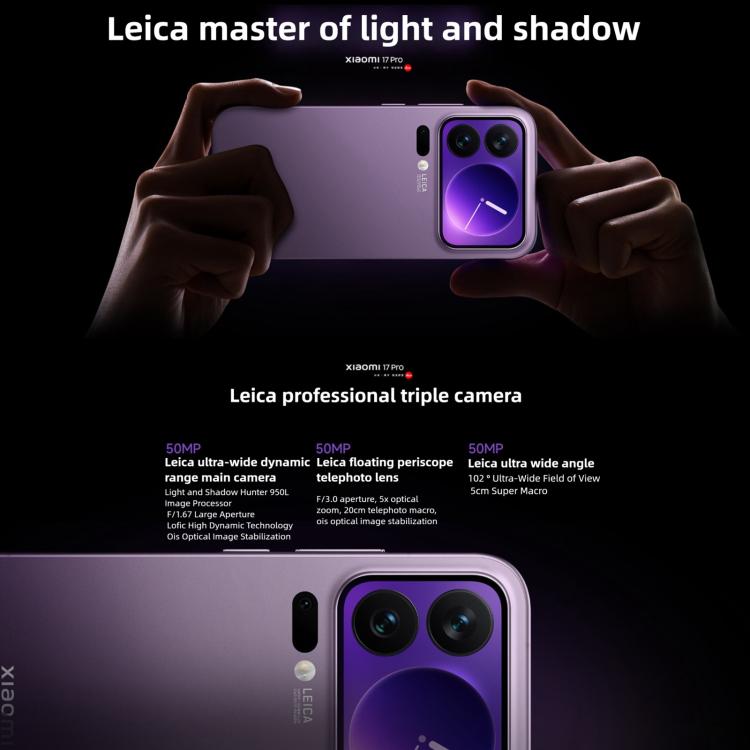 Xiaomi 17 Pro, 16Go+512Go, Empreinte Digitale Ultrasonique 3D, 6,3 pouces Xiaomi HyperOS 3 Snapdragon 8 Elite Gen 5 Octa Core, NFC, Réseau : 5G, 16Go+512Go
