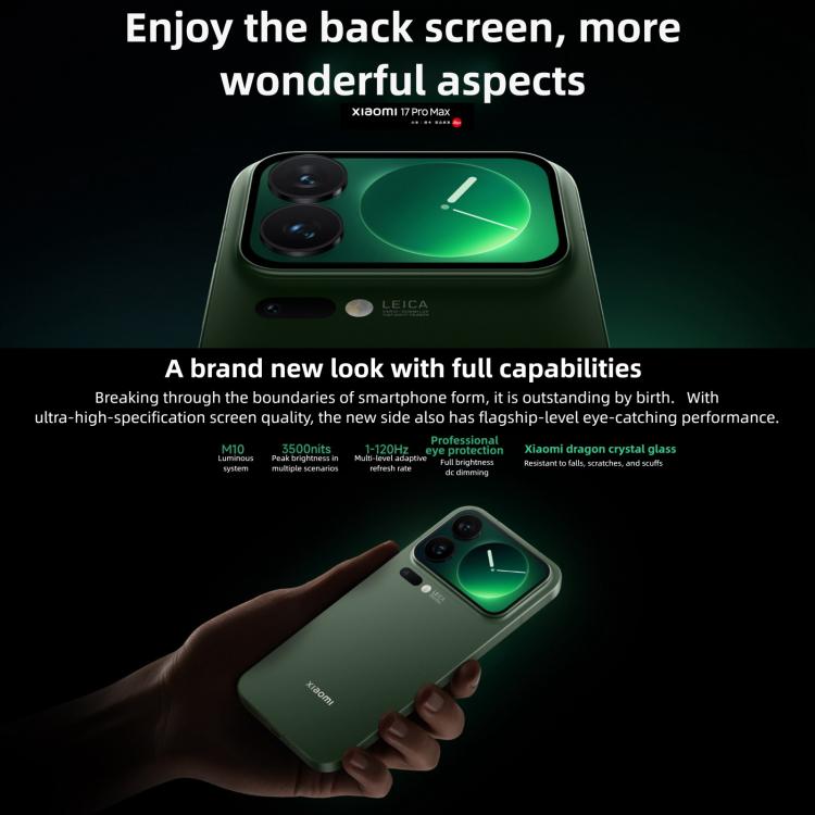 Xiaomi 17 Pro Max, 12 Go + 512 Go, empreinte digitale ultrasonique 3D, 6,9 pouces + 2,9 pouces, Xiaomi HyperOS 3 Snapdragon 8 Elite Gen 5 Octa Core, NFC, Réseau : 5G, 12 Go + 512 Go