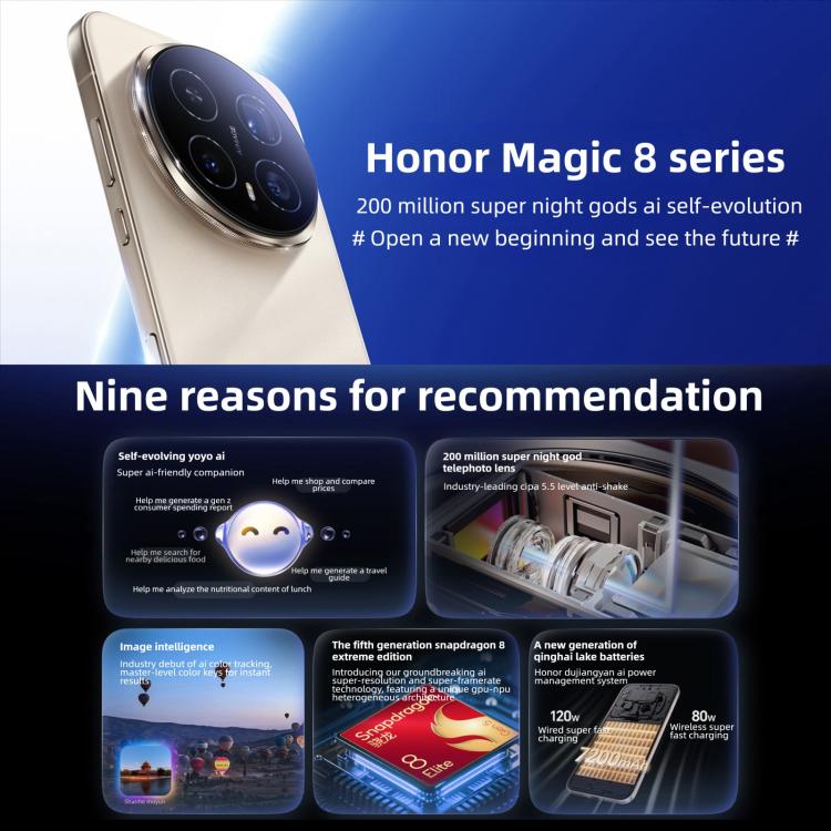 Honor Magic8 Pro, 12GB+256GB, Empreinte digitale sous l'écran, 6,71 pouces MagicOS 10.0 / Android 16 Snapdragon 8 Elite Gen 5 Octa Core, Réseau: 5G, NFC, OTG, 12GB+256GB