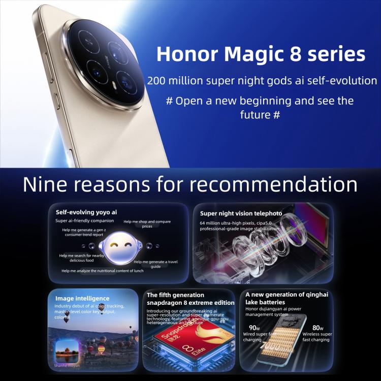 Honor Magic8 Pro, 16 Go+1 To, Empreinte digitale sous l'écran, 6,71 pouces MagicOS 10.0 / Android 16 Snapdragon 8 Elite Gen 5 Octa Core, Réseau : 5G, NFC, OTG, 16 Go+1 To