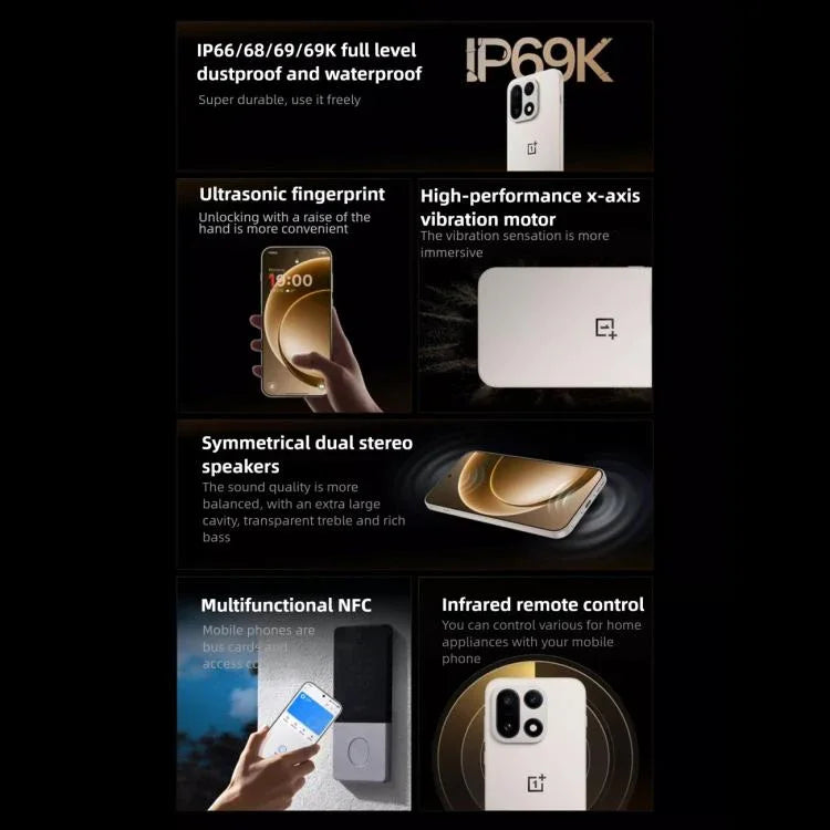 OnePlus 15, 16 Go+512 Go, identification d'empreintes digitales à l'écran, 6,78 pouces ColorOS 16.0 Snapdragon 8 Elite Gen 5 Octa Core, NFC, Réseau : 5G, 16 Go+512 Go