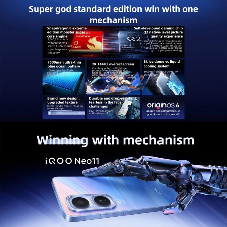 vivo iQOO Neo11, 16 Go + 1 To, Face ID / Identification d'empreintes digitales sur écran, Android 16 OriginOS 6 Snapdragon 8 Elite Octa Core de 6,82 pouces, OTG, NFC, Réseau : 5G, iQOO Neo11, 16 Go + 1 To, iQOO Neo11, 16 Go + 1 To,