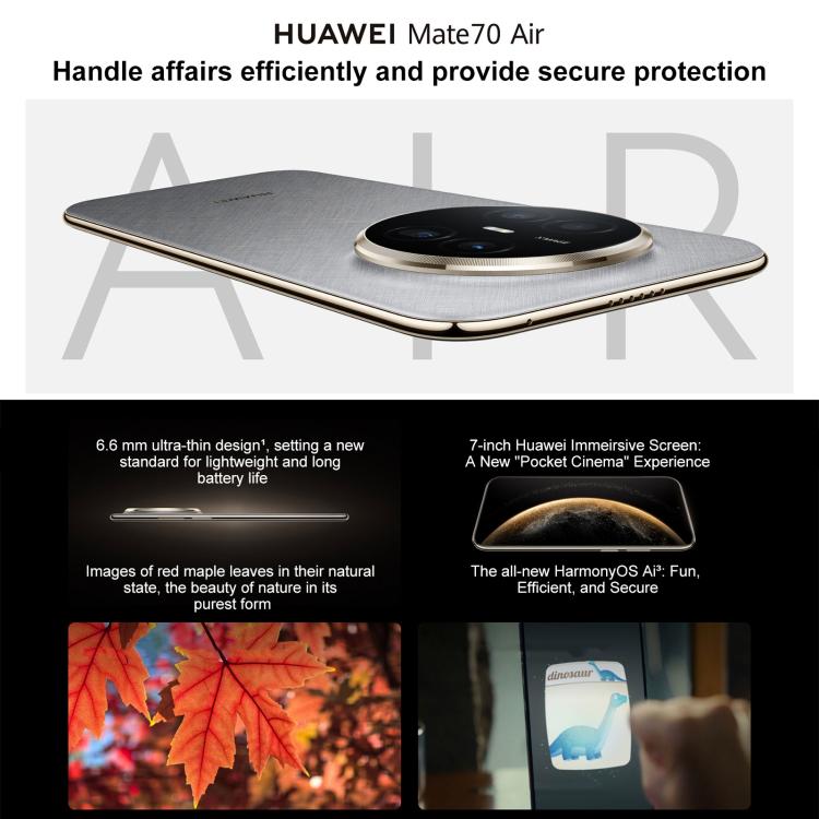HUAWEI Mate 70 Air, 12 Go + 256 Go, identification par empreinte digitale latérale, 7 pouces HarmonyOS 5.1 Kirin 9020B, NFC, OTG, ne prend pas en charge Google Play, 12 Go + 256 Go