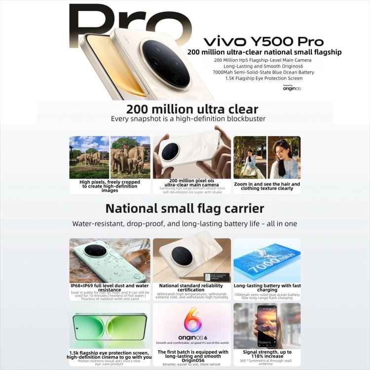 vivo Y500 Pro, 12 Go + 512 Go, Android 16 OriginOS 6 de 6,67 pouces Dimensity 7400 Octa Core, OTG, NFC, Réseau : 5G, 12 Go + 512 Go