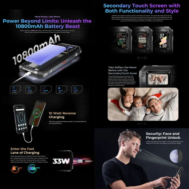 Téléphone robuste HOTWAV Hyper 7 Pro, 16 Go + 256 Go, batterie 10 800 mAh, écran 6,6 pouces, Android 14, processeur MediaTek Dimensity 7050 5G, compatible 5G, OTG et NFC.