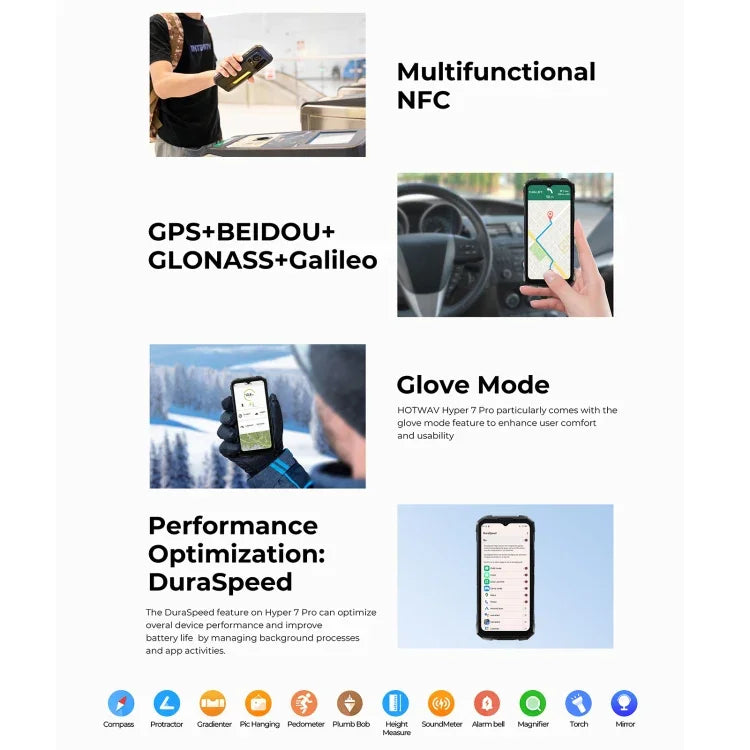 Téléphone robuste HOTWAV Hyper 7 Pro, 16 Go + 256 Go, batterie 10 800 mAh, écran 6,6 pouces, Android 14, processeur MediaTek Dimensity 7050 5G, compatible 5G, OTG et NFC.