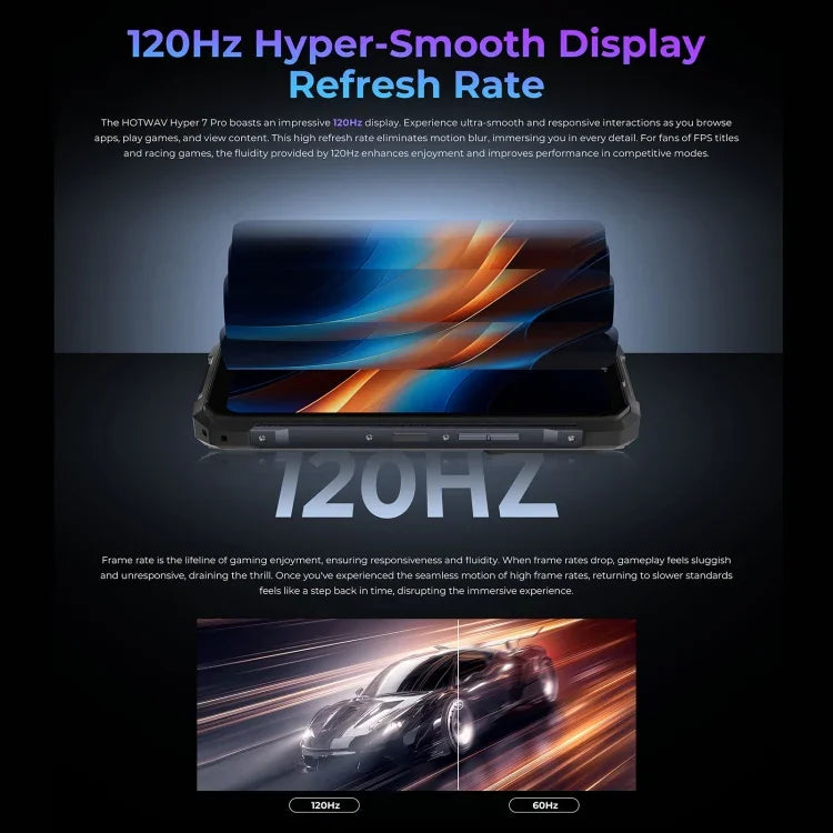 Téléphone robuste HOTWAV Hyper 7 Pro, 16 Go + 256 Go, batterie 10 800 mAh, écran 6,6 pouces, Android 14, processeur MediaTek Dimensity 7050 5G, compatible 5G, OTG et NFC.