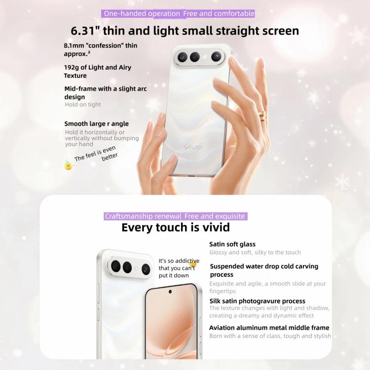 vivo S50 Pro mini, 12 Go + 256 Go, empreinte digitale 3D, Android 16 OriginOS 6 6,31 pouces Octa Core Snapdragon 8 Gen 5, OTG, NFC, Réseau : 5G, compatible Google Play, 12 Go + 256 Go