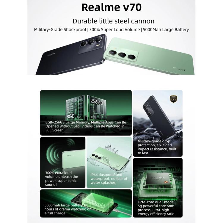 Realme V70, 8 Go+256 Go, 6,67 pouces Realme UI 6.0 Android 15 Dimensity 6300 5G Octa Core, Réseau : 5G, 8 Go+256 Go