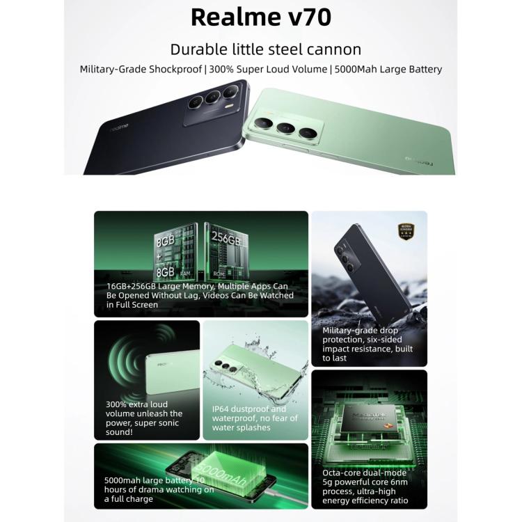 Realme V70, 12 Go + 256 Go, 6,67 pouces Realme UI 6.0 Android 15 Dimensity 6300 5G Octa Core, Réseau : 5G, 12 Go + 256 Go