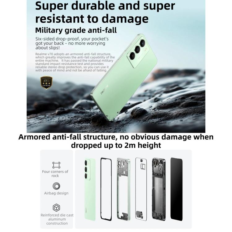 Realme V70, 12 Go + 256 Go, 6,67 pouces Realme UI 6.0 Android 15 Dimensity 6300 5G Octa Core, Réseau : 5G, 12 Go + 256 Go