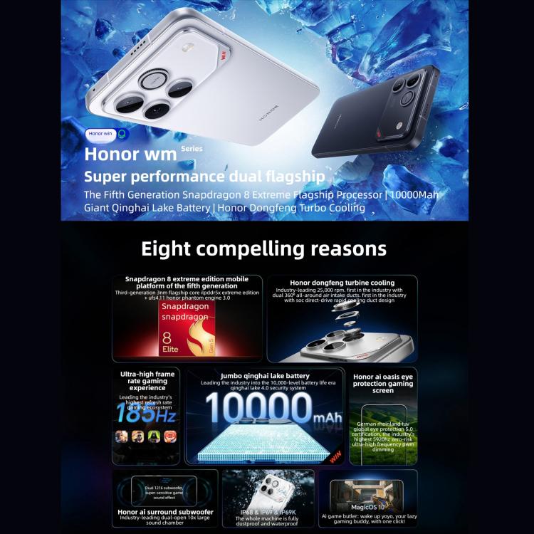 Honor WIN, 12 Go + 256 Go, empreinte digitale ultrasonique 3D, batterie 10000 mAh, MagicOS 10.0 / Android 16 de 6,83 pouces, Snapdragon 8 Elite Gen 5 Octa Core, Réseau : 5G, NFC, OTG, 12 Go + 256 Go