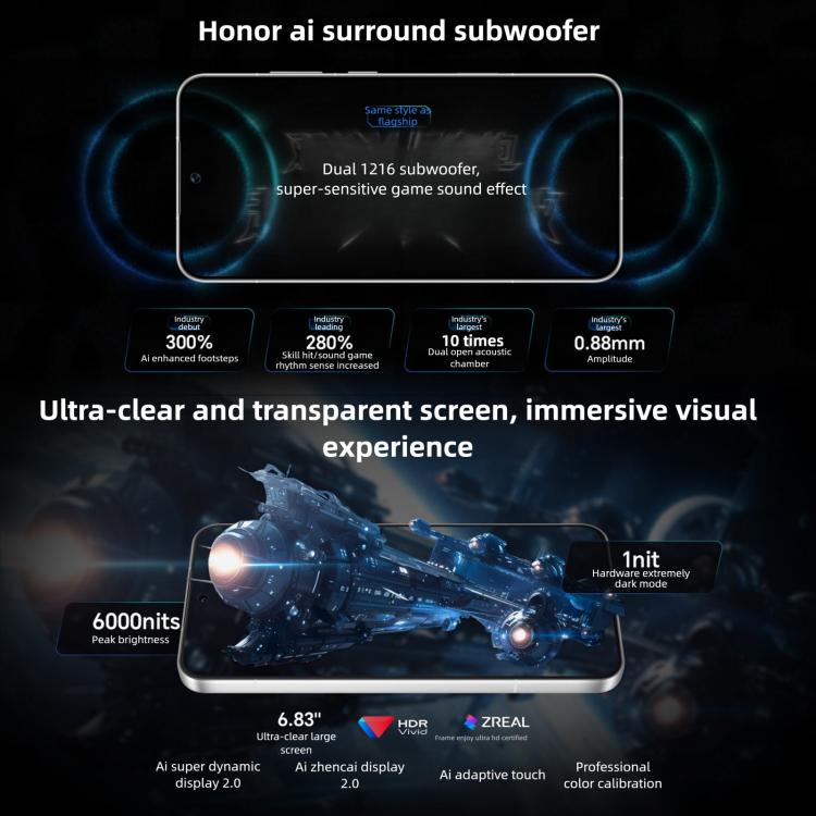Honor WIN, 12 Go + 256 Go, empreinte digitale ultrasonique 3D, batterie 10000 mAh, MagicOS 10.0 / Android 16 de 6,83 pouces, Snapdragon 8 Elite Gen 5 Octa Core, Réseau : 5G, NFC, OTG, 12 Go + 256 Go