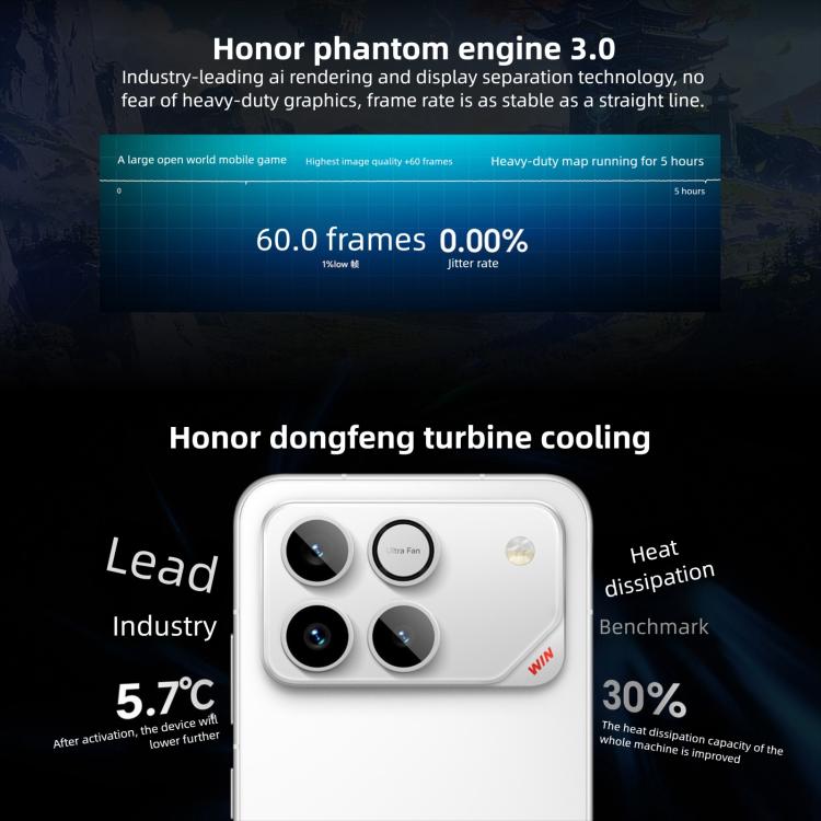 Honor WIN, 12 Go + 256 Go, empreinte digitale ultrasonique 3D, batterie 10000 mAh, MagicOS 10.0 / Android 16 de 6,83 pouces, Snapdragon 8 Elite Gen 5 Octa Core, Réseau : 5G, NFC, OTG, 12 Go + 256 Go