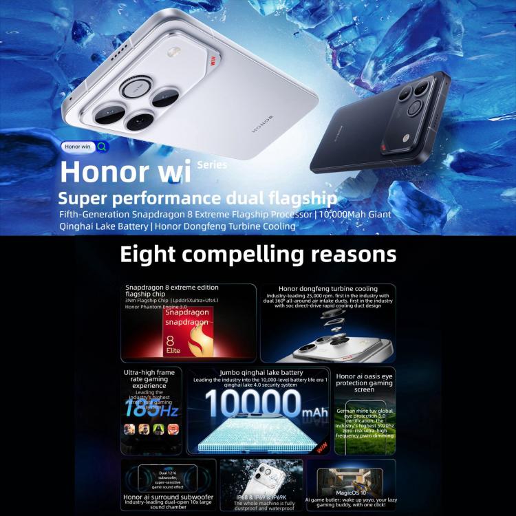 Honor WIN RT, 16 Go+256 Go, capteur d'empreintes digitales 3D à ultrasons, batterie 10000 mAh, MagicOS 10.0 / Android 16 de 6,83 pouces, Snapdragon 8 Elite Octa Core, réseau : 5G, NFC, OTG, 16 Go+256 Go
