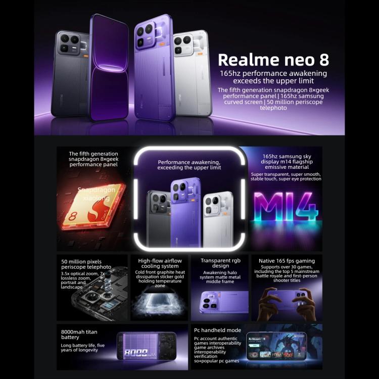 Realme Neo8, 16Go+1To, Empreinte Digitale Écran Ultrasonique, 6.78 pouces Realme UI 7.0 Snapdragon 8 Gen 5 Octa Core, OTG, NFC, Réseau: 5G, 16Go+1To