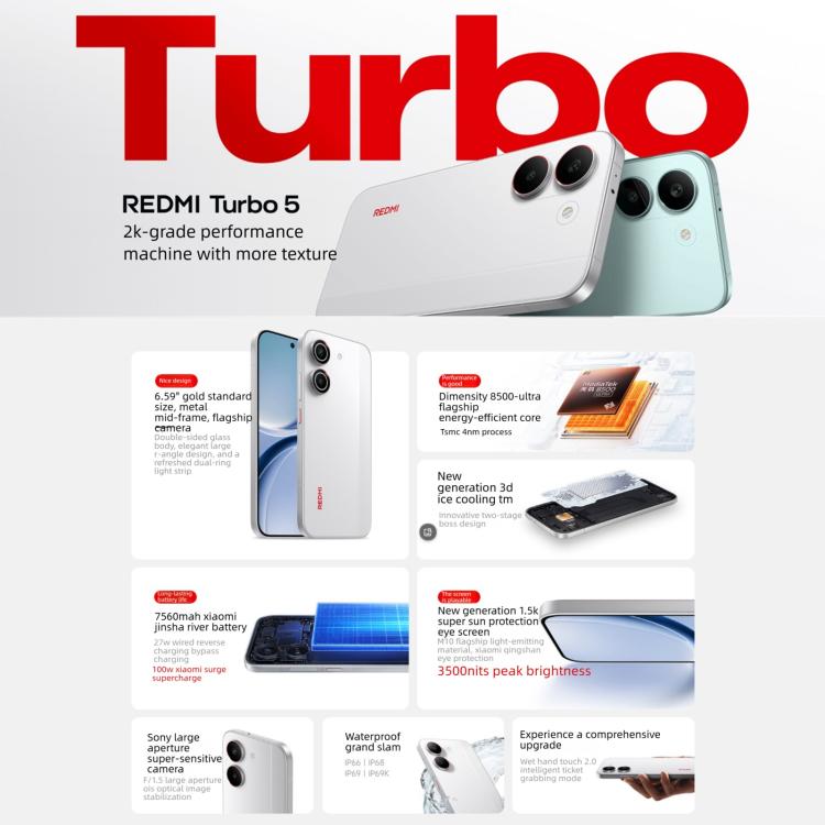Xiaomi REDMI Turbo 5, 16 Go+256 Go, 6,59 pouces Xiaomi HyperOS 3 Dimensity 8500-Ultra Octa Core, NFC, Réseau : 5G, 16 Go+256 Go