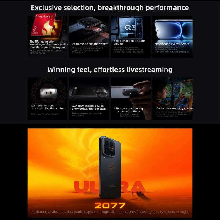 vivo iQOO 15 Ultra, 16 Go + 512 Go, empreinte digitale 3D ultrasonique, 6,85 pouces Android 16 OriginOS 6 Snapdragon 8 Elite Gen 5 Octa Core, OTG, NFC, réseau : 5G, compatible Google Play, 16 Go + 512 Go