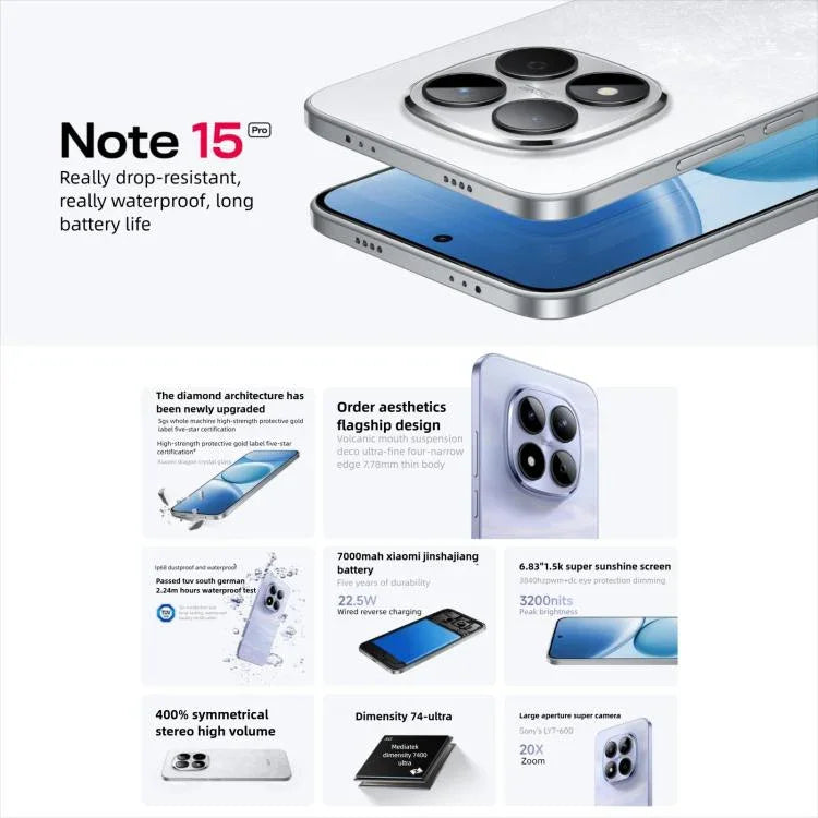 Xiaomi Redmi Note 15 Pro 5G, 12 Go + 256 Go, écran de 6,83 pouces, Xiaomi HyperOS 2 Dimensity 7400-Ultra Octa Core, Réseau : 5G, NFC, 12 Go + 256 Go