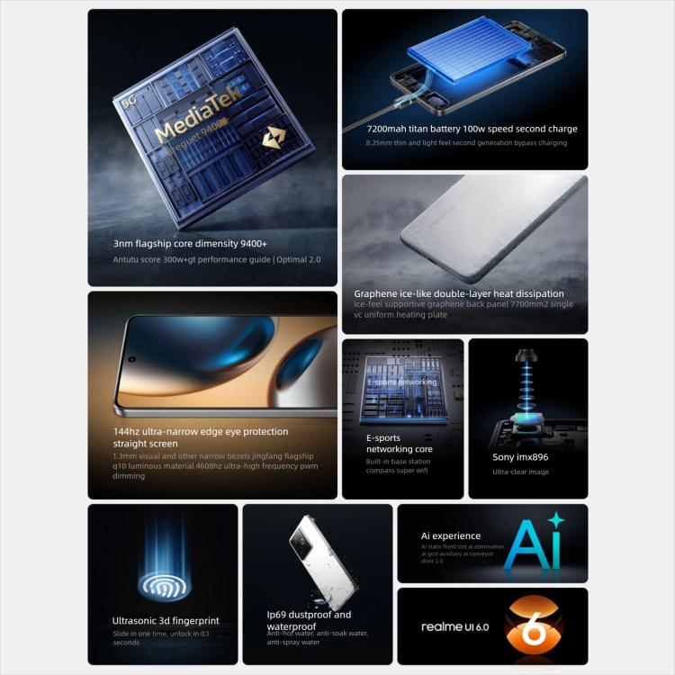 Realme GT7, 12 Go + 256 Go, Android 15 / Realme UI 6.0 de 6,8 pouces, MediaTek Dimensity 9400+ Octa Core, NFC, Réseau : 5G, Prise en charge de Google Play, 12 Go + 512 Go